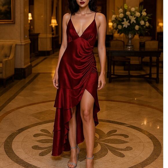 Y2K Asymmetrical Dark Romantic Sexy Bombshell Red Halter Midi Slip Dress Medium - Picture 1 of 9